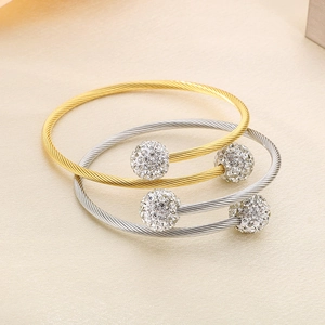 Three-piece set of woven steel wire open bracelets with crystal-encrusted round charms