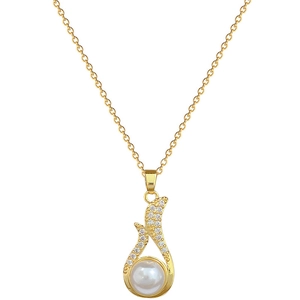 Elegant gold titanium necklace set with zircon paving and white pearl drop for banquet