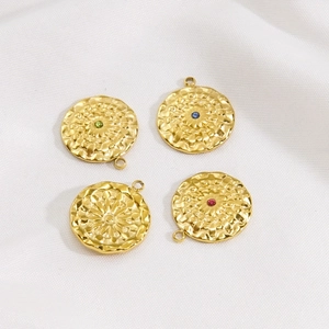 14K gold plated stainless steel floral textured pendants with colorful crystals for DIY jewelry