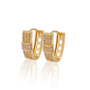 Golden geometric V-shaped huggie earrings with pavé zircon and镂空 floral details