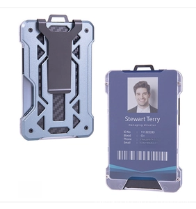 Detailed views of grey metal RFID card holder with spring clip and carbon fiber texture