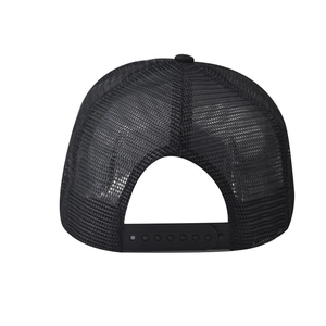 Close-up of black mesh trucker hat with adjustable snapback closure and breathable fabric
