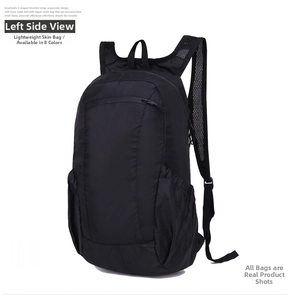 Detail of lightweight foldable backpack with breathable S-shaped straps and mesh side pocket