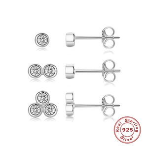 925 Sterling Silver stud earrings set featuring solitaire zircon stones on white background