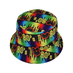 Retro I Love 80s bucket hat with colorful neon stripes and disco style design