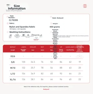 Size chart and fabric specs for long sleeve yoga bodysuit with zipper and high elasticity