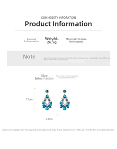Detailed view of teal crystal teardrop earrings with hollow copper frame 7.7cm long