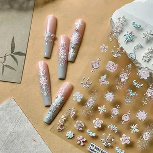 3D floral embroidery nail stickers TS-3992 with butterfly patterns on long coffin nails