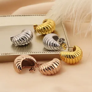 Stainless Steel Croissant Hoop Earrings Vintage 18K Gold Plated Spiral Ribbed Water Drop Studs For Women Elegant