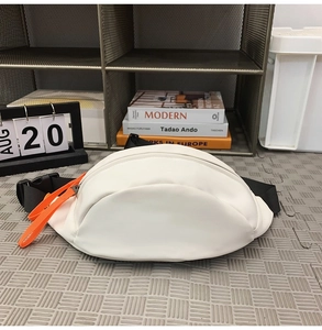 Waterproof casual crossbody waist bag detail with white fabric and orange zipper cords