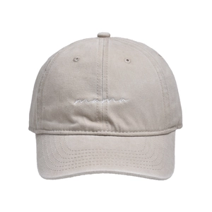 Detail view of the white mama script embroidery on a washed cotton baseball cap