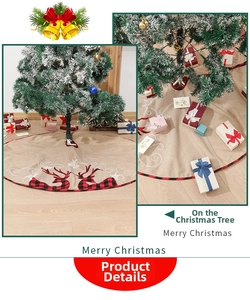 Detail of linen Christmas tree skirt featuring reindeer patterns and red plaid borders