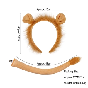 Detail view of lion costume set showing headband dimensions 18x18cm and 48cm long tail