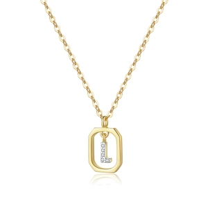 Detail view of gold S925 sterling silver octagon pendant with crystal letter L