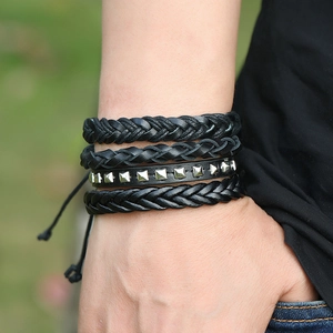 12-piece multilayer woven leather bracelet set for men featuring black studs and retro style
