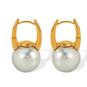 Elegant gold French drop earrings featuring glossy white pearls on minimalist hooks