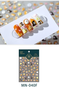 Macro detail of 3D cartoon Shiba Inu nail art stickers with heart and star patterns