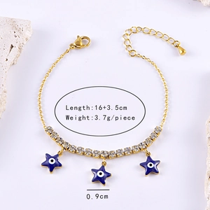 Gold star evil eye bracelet with white zircons, 16+3.5cm length and 3.7g weight