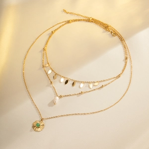 Three-layer gold titanium steel necklace with green stone, pearl and leaf charms