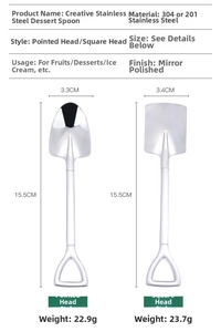 Detailed size specifications of stainless steel shovel spoons for desserts with dimensions