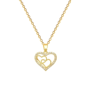 Elegant gold titanium steel heart necklace with crystal pave and interlocking hearts charm