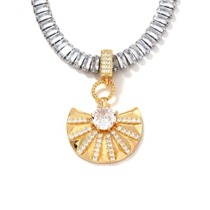Hip hop style gold fan pendant necklace with baguette stones and round zirconias