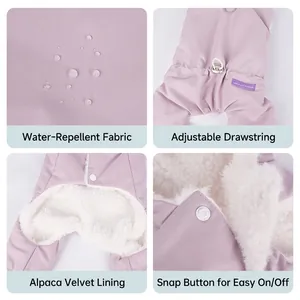 Waterproof lavender dog winter coat with warm fleece lining and adjustable drawstring