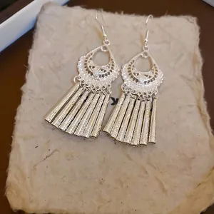 Ethnic geometric wind chime tassel earrings with silver finish in vintage bohemian style