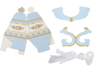 DIY wedding favor box components with blue floral pattern and white organza ribbon
