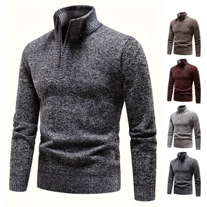 Detail of men's half-zip knit sweater showing thick ribbed collar and grey texture