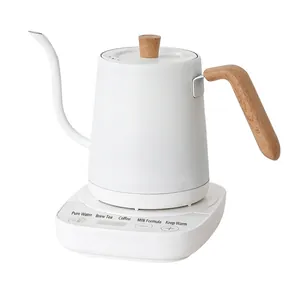 Smart white gooseneck electric kettle with wooden handle and touch control base