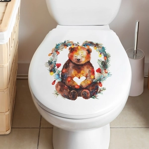 Watercolor Christmas bear with heart and festive lights wreath self-adhesive toilet lid sticker