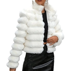 Short faux fur coat for women in white with a layered horizontal striped texture design