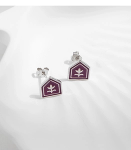 Detail of s925 silver stud earrings featuring purple enamel tulips and hallmark