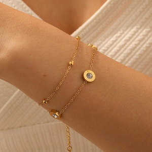 Bracelet double rang en acier inoxydable doré avec chiffres romains et pierres zircon