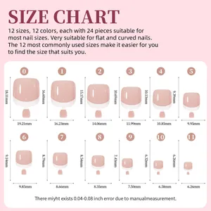 Size chart showing 12 different dimensions for French tip press-on toenails in millimeters