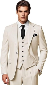Detail of cream slim fit three-piece suit with blazer, vest, and trousers on model