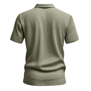 Rear view of olive green linen polo shirt showing texture and ribbed sleeve cuffs