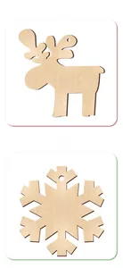 Detail of laser-cut wooden reindeer and snowflake Christmas tree ornaments