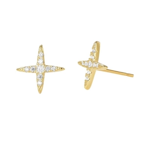 Elegant gold S925 silver four-pointed star stud earrings with white zircon accents