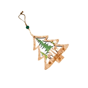 Wooden Christmas tree ornament with reindeer silhouette and green bead on white background