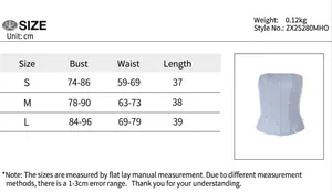 Guide des tailles du haut corset à strass avec mesures S, M, L en centimètres