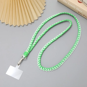 Detailed view of green and white braided phone lanyard with silver metal clasp and clip