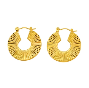 Detailed view of gold-plated fan-shaped ribbed texture earrings with secure U-latch closure