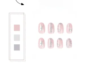 Short pink press-on nails with silver star patterns and 3D pearl bead decorations