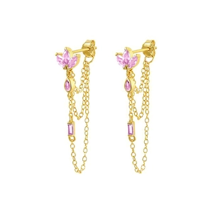 Detailed macro shot of gold tassel earrings featuring pink gemstone accents and fine chains