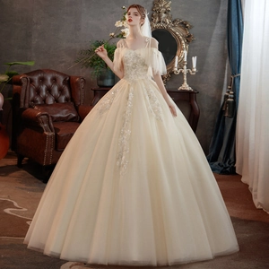 Champagner Hochzeitskleid Schulterfrei Spitze Stickerei Pailletten A-Linie Ballkleid Tüll Formales Brautkleid Schnürung