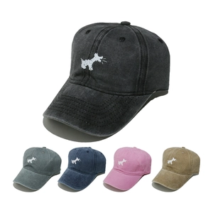 Washed Cotton Baseball Cap With Dog Embroidery Vintage Distressed Adjustable Sun Hat For Women Outdoor