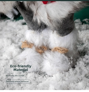 Macro detail of plush Christmas gnome feet with grey felt and soft faux fur trim