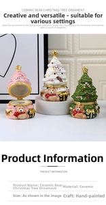 Close-up of hand-painted ceramic Christmas tree jewelry boxes with bear and star details